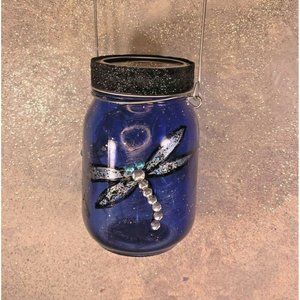 Midnight Blue Dragonfly Sparkly Solar Lantern Hand-Painted by Love Marcy Arts